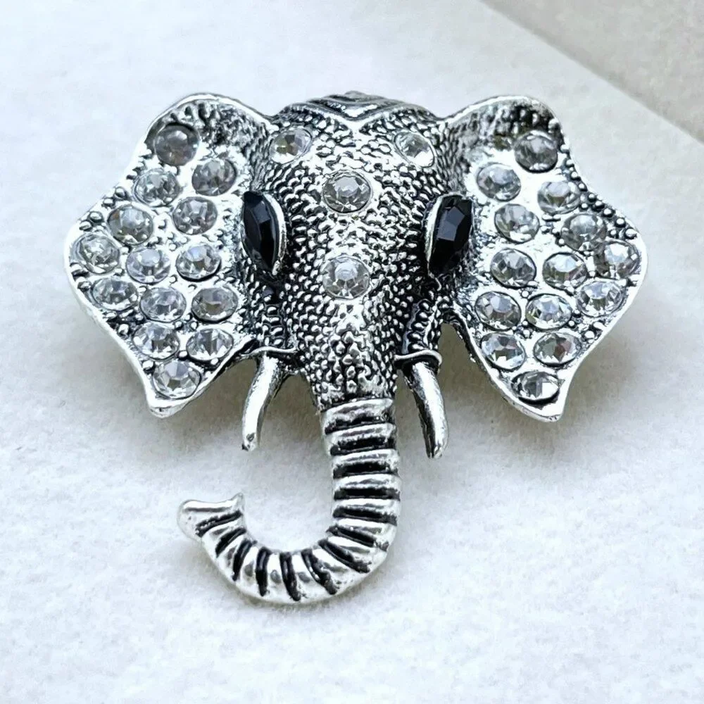 Silver with White Diamond and Black Onyx Crystal Elephant Pin Back Brooch